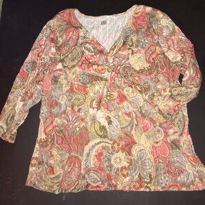 CJ Banks Top Womens 3X Pleated Ruffle Y Neck 3/4 sleeve with sequins/glitter